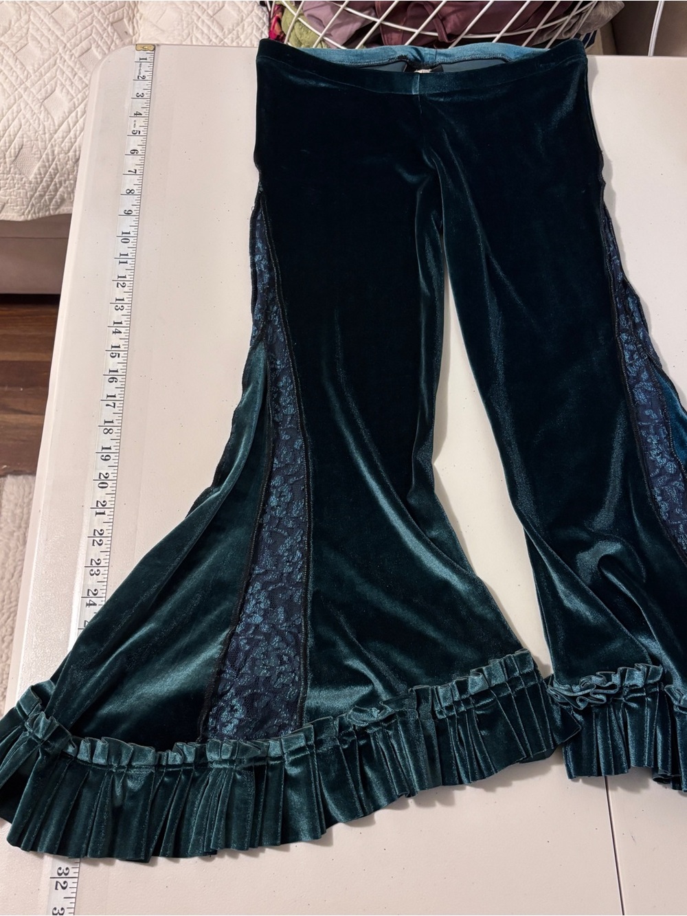 Whimsigoth Pants Velvet Lace Flare Pull On Size S Blue Green Regency Bloomer - Picture 7 of 10